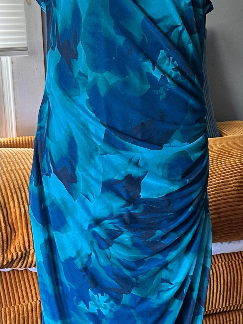 Teal & Navy Abstract Maxi Dress — Elegant Ruched Design